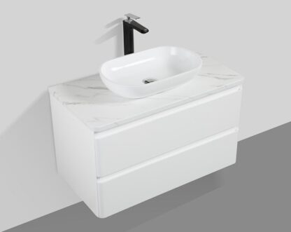 Contemporary white bathroom vanity with marble countertop and vessel sink, ideal for modern bathroom designs in South Africa.