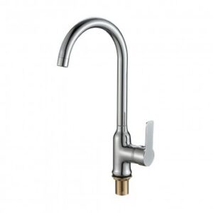 Sleek stainless steel kitchen or bathroom faucet with modern curved design and single lever control in a chrome finish.