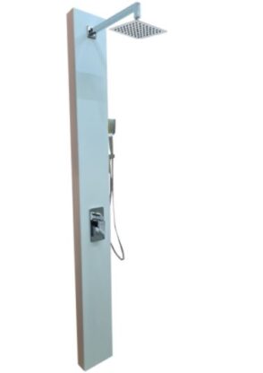 Modern rain shower column with overhead rainfall showerhead and handheld shower for bathroom luxury and comfort.