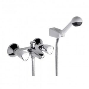 Chrome bathroom faucet with hand shower, ideal for modern bathrooms.