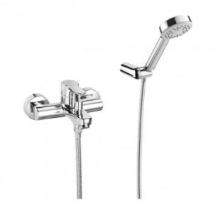 Chrome handheld showerhead with flexible hose, ideal for modern bathroom installations and stylish finish.