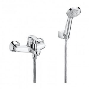 Chrome bathroom tap with shower head and flexible hose for modern bathroom fixtures.