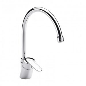 Sleek modern kitchen tap with high arc design for easy washing and style enhancement in bathrooms and kitchens.