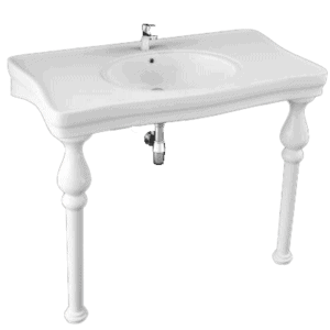 Elegant white bathroom washbasin with vintage-style legs, ideal for classic bathroom designs and high-quality fixtures. Perfect for stylish bathroom renovations and retail stores.