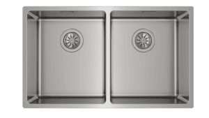 Double bowl stainless steel kitchen sink with drainer, modern farmhouse style for bathroom or laundry room use.