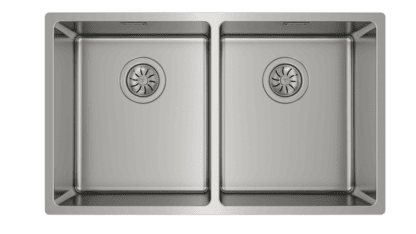 Double bowl stainless steel kitchen sink with drainer, modern farmhouse style for bathroom or laundry room use.