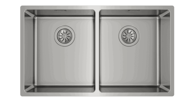 Double bowl stainless steel kitchen sink with drainer, modern farmhouse style for bathroom or laundry room use.