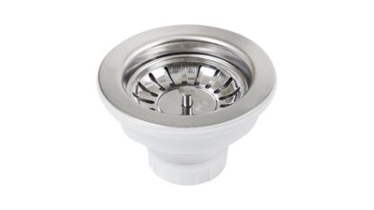 Stainless steel bathroom sink drain, durable plumbing fixture, ideal for modern bathroom renovations.
