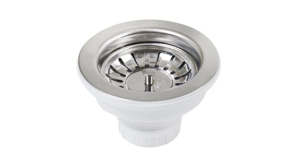 Stainless steel bathroom sink drain, durable plumbing fixture, ideal for modern bathroom renovations.