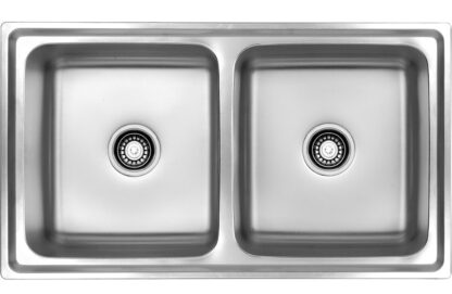 Stainless steel double kitchen sink with two basins and modern design for durable and stylish kitchen installations.