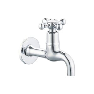 Polished chrome bathroom faucet with classic design, ideal for kitchen or laundry room installations.