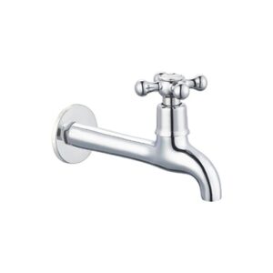 Chrome bathroom tap with wall mount, ideal for sinks and washbasins in South African bathrooms.