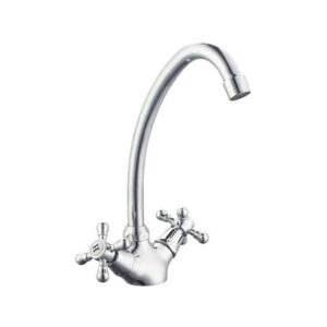 Polished chrome kitchen tap with dual handles and high arc spout for modern bathroom and kitchen renovation in South Africa.