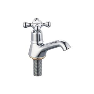 Chrome basin tap with cross handles, kitchen or bathroom mixer fitting, durable and stylish bathroom fixture, ideal for modern and traditional washbasins.