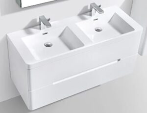 Double vanity bathroom sink with two trough basins, modern design, white ceramic finish, ideal for contemporary bathrooms, featuring sleek faucets and ample storage space.
