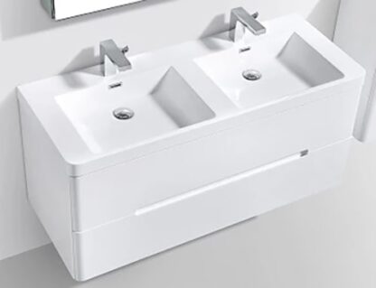 Double vanity bathroom sink with two trough basins, modern design, white ceramic finish, ideal for contemporary bathrooms, featuring sleek faucets and ample storage space.