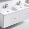 Double white bathroom vanity with dual sinks and modern chrome faucets, ideal for contemporary bathroom layouts in South Africa. Perfect for stylish and functional bathroom renovations.