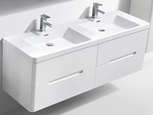 Double white bathroom vanity with dual sinks and modern chrome faucets, ideal for contemporary bathroom layouts in South Africa. Perfect for stylish and functional bathroom renovations.