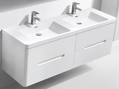Modern double vanity bathroom cabinet with dual sinks, white finish, and sleek design for contemporary bathroom decor. Perfect for stylish and functional bathroom upgrades.