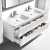 Double sink bathroom vanity with storage drawers, modern white design, ideal for contemporary bathrooms, offering practical organisation and sleek aesthetics.