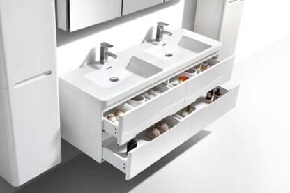 Double sink bathroom vanity with storage drawers, modern white design, ideal for contemporary bathrooms, offering practical organisation and sleek aesthetics.
