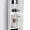 Vertical bathroom cabinet with multiple shelves for storage and organisation in a modern bathroom setting.