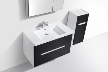 Modern bathroom vanity with black and white cabinetry, stylish wall-mounted sink and storage unit, ideal for contemporary bathroom decor in South Africa.