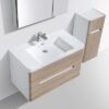 Modern bathroom vanity with wooden accents and sleek design, ideal for contemporary bathrooms. Featuring a stylish sink, storage cabinet, and mirror for functional elegance.