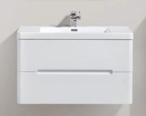 Modern white bathroom vanity with integrated sink and storage drawers, ideal for contemporary bathroom decor. Perfect for adding functionality and style to your bathroom space.