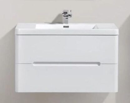 Modern white bathroom vanity with integrated sink and storage drawers, ideal for contemporary bathroom decor. Perfect for adding functionality and style to your bathroom space.