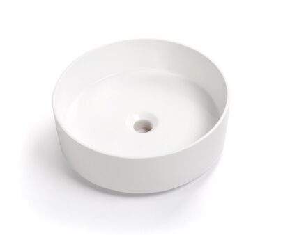 Round white bathroom basin with smooth finish, ideal for modern bathroom design and renovations. Perfect for stylish and functional bathroom setups.