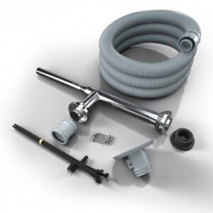 Flexible grey shower hose with brass stop valve and installation accessories for bathroom shower setups.