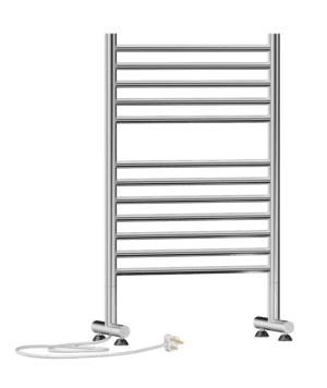 Radiator towel warmer for bathroom, metallic electric heated towel rail in modern bathroom design.