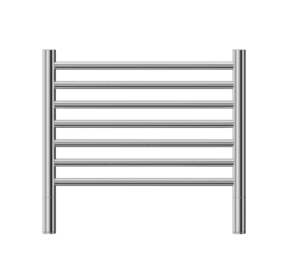Polished stainless steel towel radiator for bathroom heating and drying.