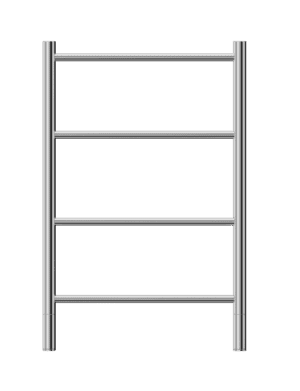 Alt text: Silver towel ladder with four rungs, bathroom accessories, modern towel rail for bathroom storage and decor.