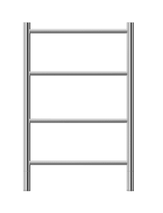 Alt text: Silver towel ladder with four rungs, bathroom accessories, modern towel rail for bathroom storage and decor.