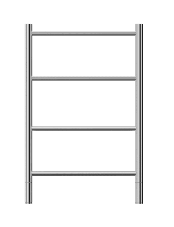 Alt text: Silver towel ladder with four rungs, bathroom accessories, modern towel rail for bathroom storage and decor.