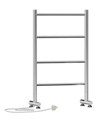 Alt text only: Staal elektriese handdoekrak met vier rails, modern badkamer accessoires, energiezuinige verwarmingsoplossing.