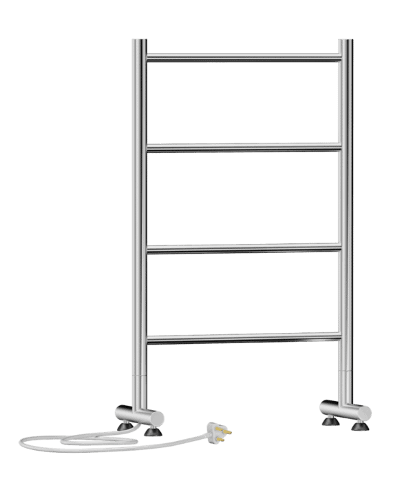 Alt text only: Staal elektriese handdoekrak met vier rails, modern badkamer accessoires, energiezuinige verwarmingsoplossing.