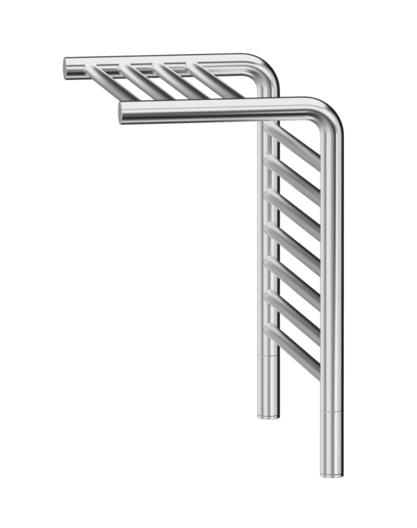 Chrome towel radiator, modern stainless steel bathroom towel warmer, luxury heated towel rail, stylish bathroom heating solution, Bathroom Store South Africa.