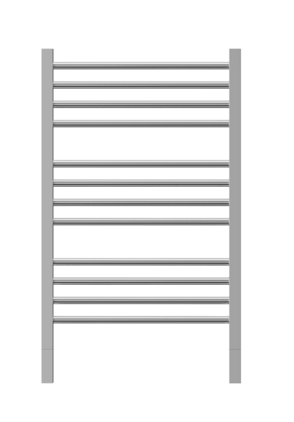 Stainless steel towel radiator for bathroom heating and drying purposes.