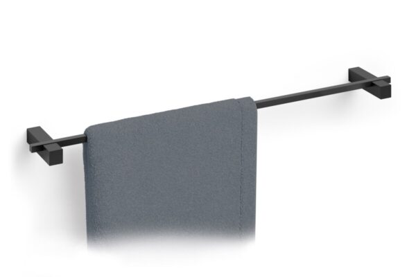 Modern black towel rail with a grey towel for bathroom decor and functionality in South Africa.