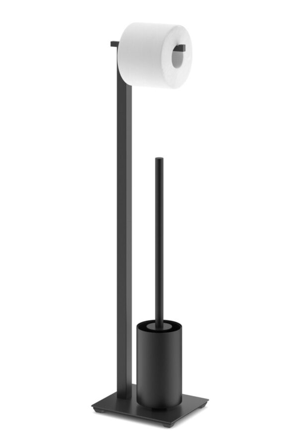 Toilet paper holder with free-standing toilet brush set, modern black design for bathroom decor.