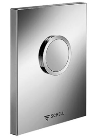 Schell concealed toilet cistern flush plate in stainless steel for modern bathroom installations.
