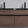 R1200CHAR Modern bathroom vanity with wooden finish featuring dual sinks and sleek faucets, perfect for contemporary bathroom renovations.