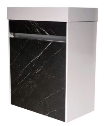 Modern bathroom vanity unit with black marble effect panel and white finish, ideal for contemporary bathroom decor in South Africa.