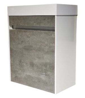 Modern bathroom vanity with concrete finish and sleek white accents, ideal for contemporary bathrooms. Durable, stylish storage solution with clean lines.