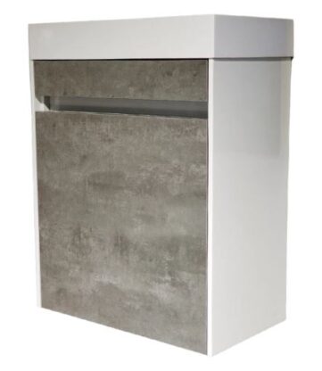 Modern bathroom vanity with concrete finish and sleek white accents, ideal for contemporary bathrooms. Durable, stylish storage solution with clean lines.