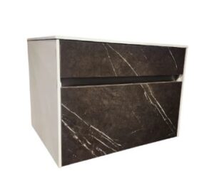 Sleek black marble bathroom vanity with modern white frame, perfect for contemporary bathroom interiors in South Africa. Durable and stylish storage solution.