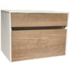 Modern bathroom vanity with wood finish and sleek drawer design, perfect for contemporary bathroom interiors.
